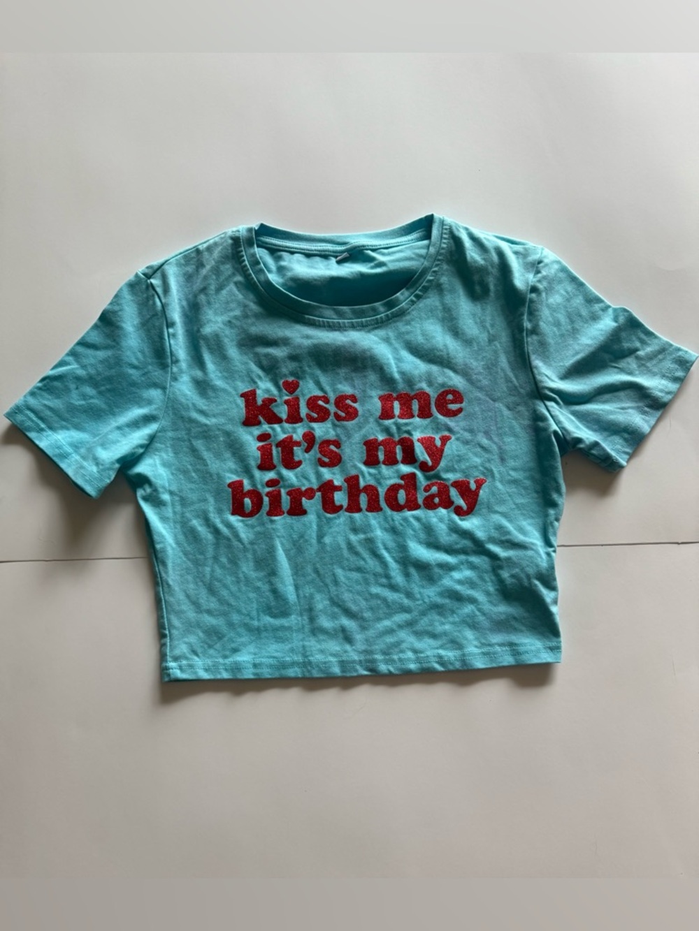Blue 'Kiss Me It's My Birthday' crop top